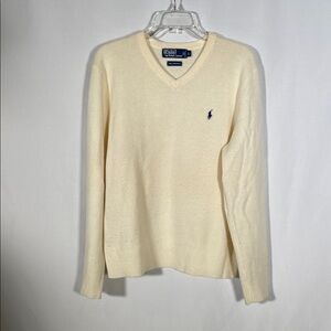 POLO RALPH LAUREN MENS LAMBS WOOL VINTAGE V NECK SWEATER CREAM NAVY BLUE LARGE